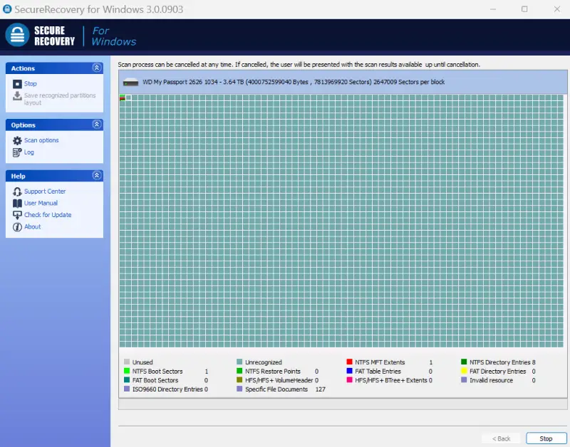 A screenshot showing an ongoing scan for SecureRecovery® for Windows.