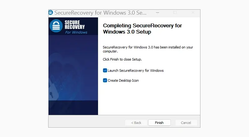 A screenshot showing the successful completion of the SecureRecovery® for Windows setup.