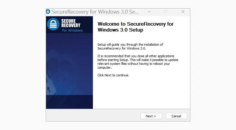 A screenshot showing the setup guide for SecureRecovery® for Windows.