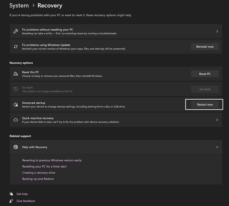 A screenshot of the Recovery options in Settings on Windows.