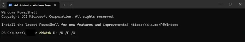 A screenshot showing the CHKDSK command to repair a corrupted SD card on Windows.