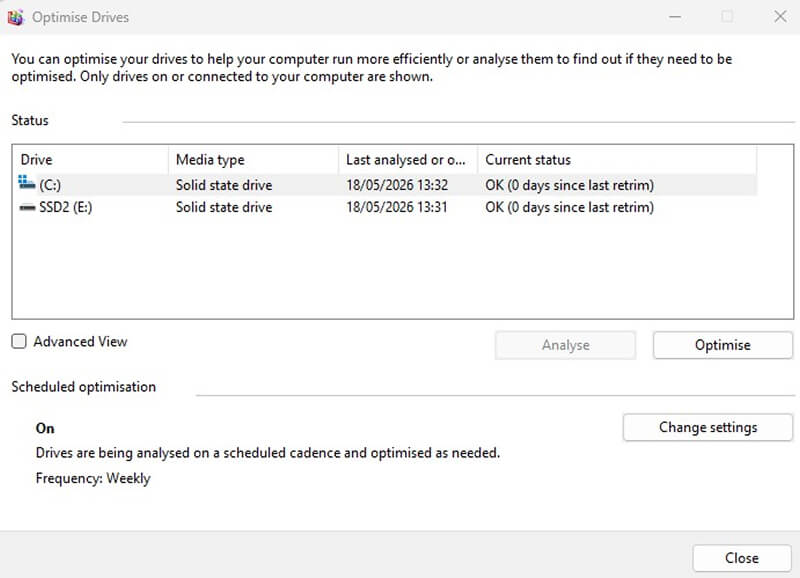 A screenshot of the Optimise Drives function on Windows.