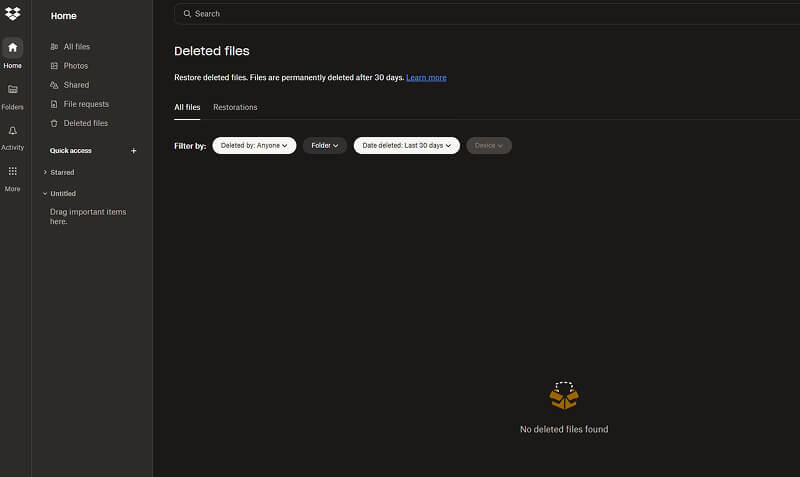 A screenshot showing a cloud service’s folder for deleted files.