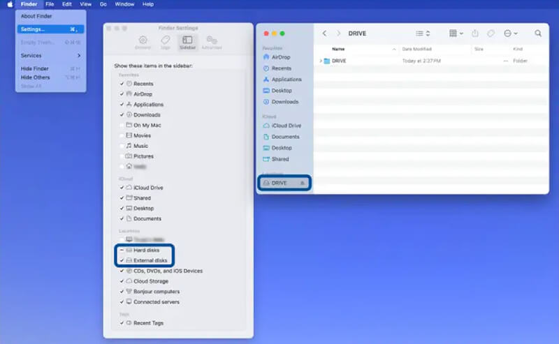 A graphic showing the location of hard drive settings in Finder on macOS.