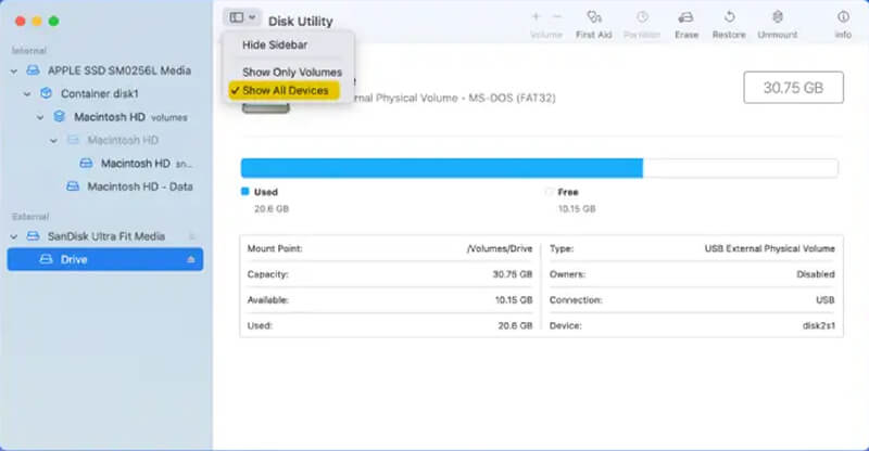 A graphic showing the Show All Devices option in Disk Utility on macOS.