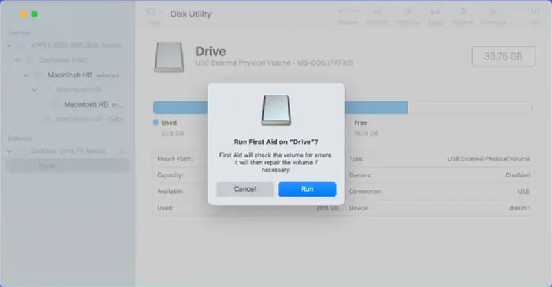 A graphic showing how to run First Aid in Disk Utility on macOS.