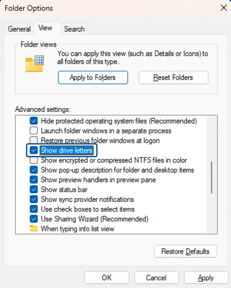 A graphic showing the option to show Drive Letters on Windows.