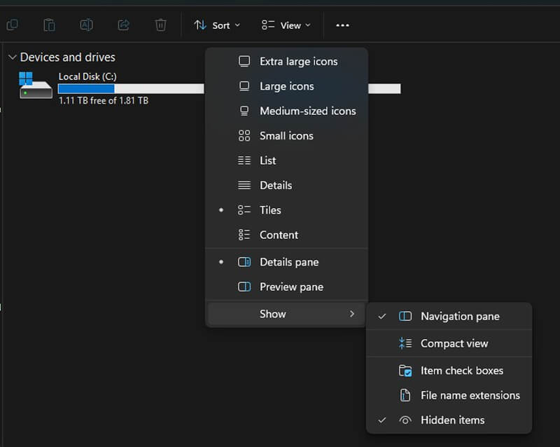 The context menu showing hidden items within File Explorer on Windows.