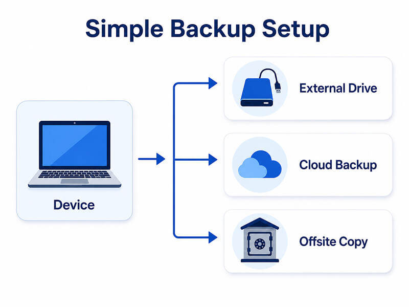A diagram of a simple backup setup that protects users from data loss in case of a water-damaged device.