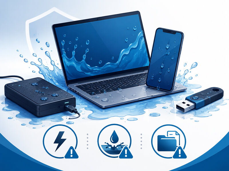A graphic of a wet laptop, smartphone, external hard drive, and USB flash drive.
