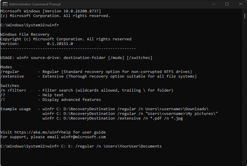 A screenshot showing the Windows File Recovery command in Command Prompt on Windows.
