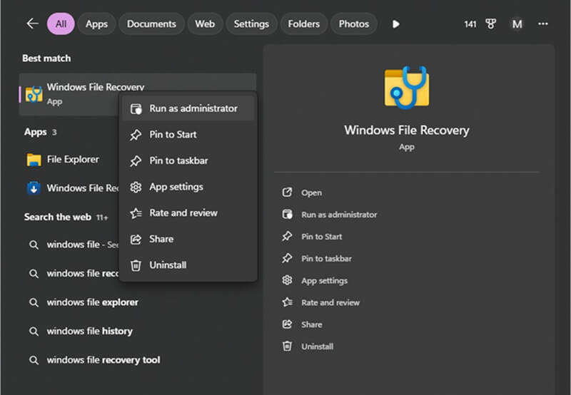 A screenshot showing the option to run Windows File Recovery.