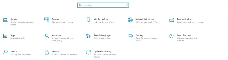 A screenshot showing the Settings menu in Windows 10.