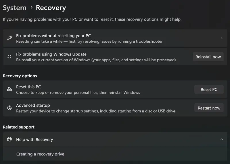 A screenshot showing advanced startup options in Windows 11.