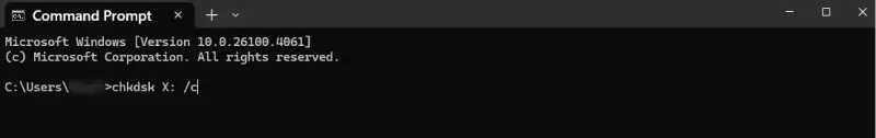 A screenshot showing the command to repair the file system in CHKDSK.