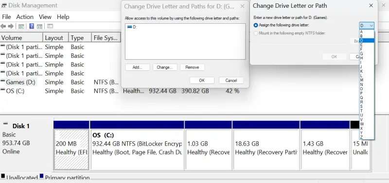A screenshot showing how to assign a new drive letter in Disk Management.