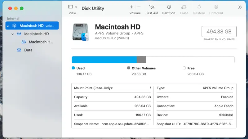 A screenshot showing the Disk Utility interface on macOS.