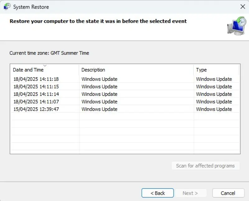 Using Windows System Restore
