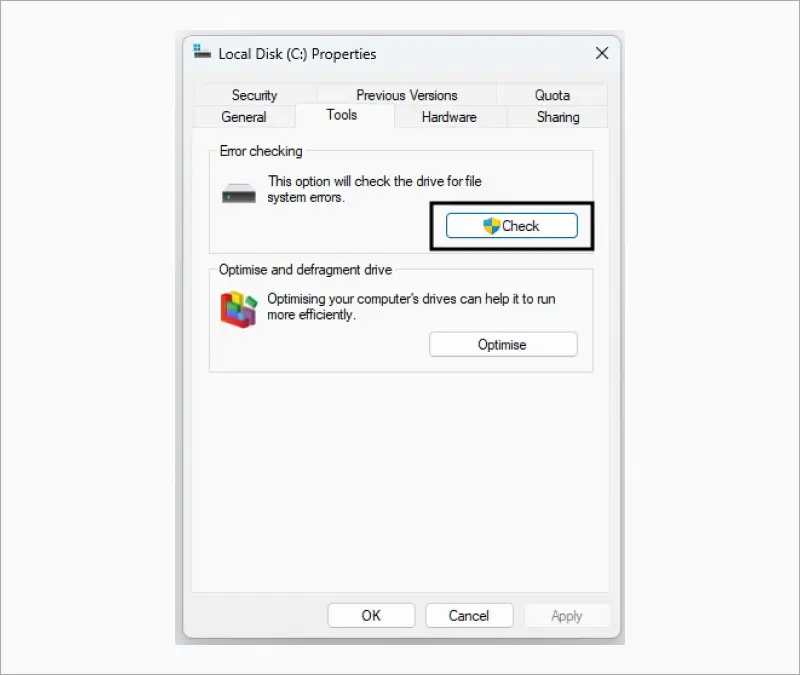 Screenshot of a built-in tool that checks the file system for errors.