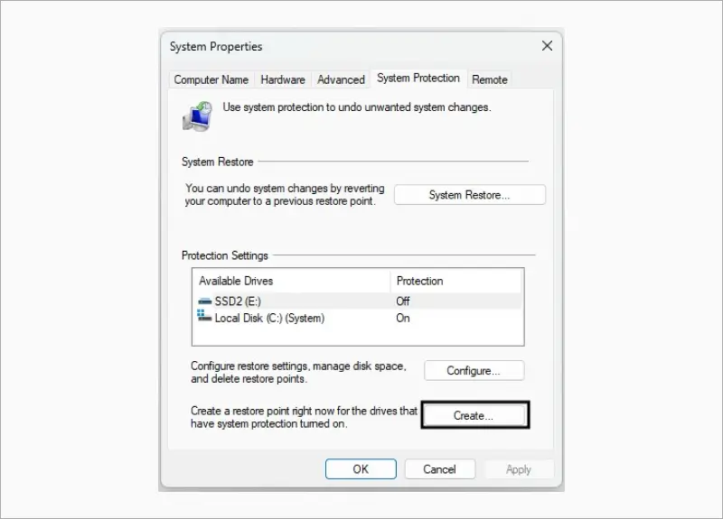 Screenshot of the option to create a restore point in the System Properties menu.
