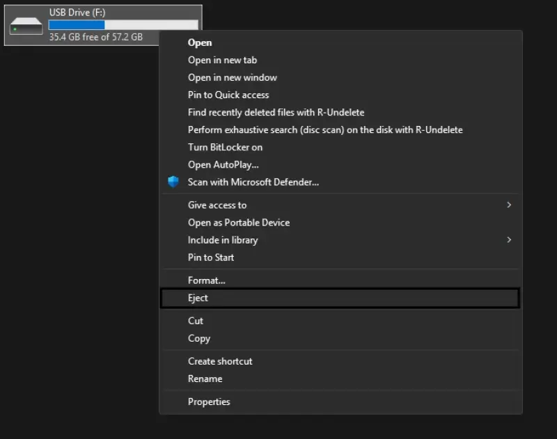 Screenshot of a context menu that shows how to safely eject removable media from a Windows PC.