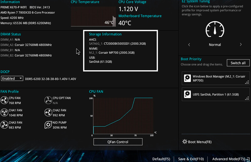 A screenshot of storage information within the BIOS on Windows.