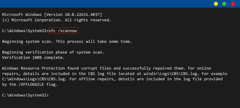 A screenshot showing the SFC scan command on Windows.