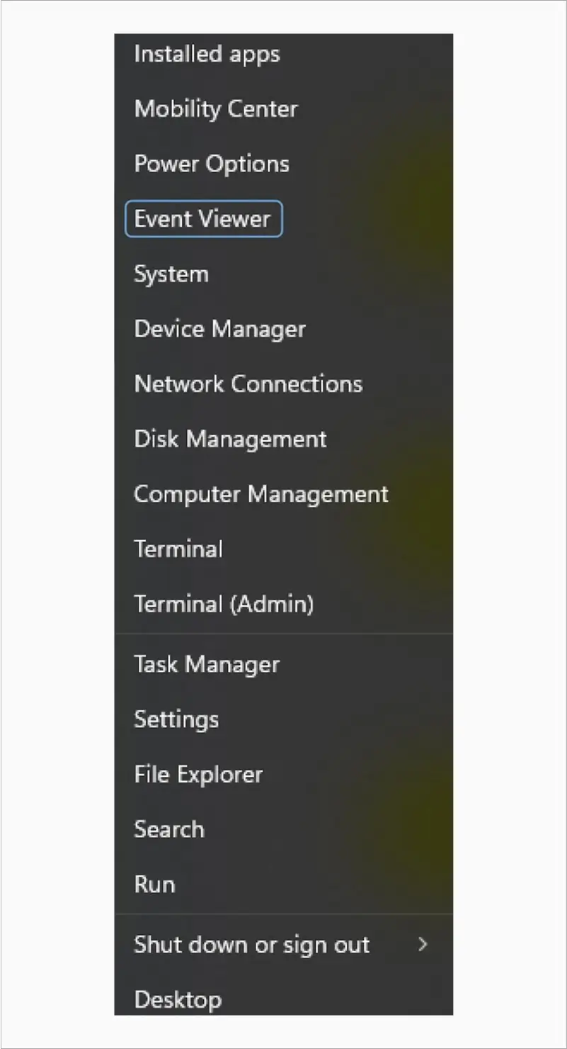 Event viewer menu on Windows