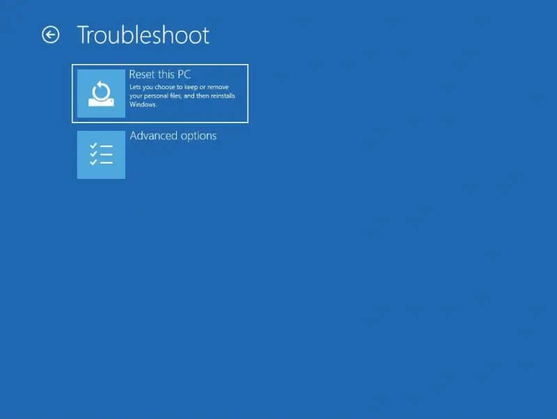 A screenshot showing the Reset This PC option in the Windows Recovery Environment.