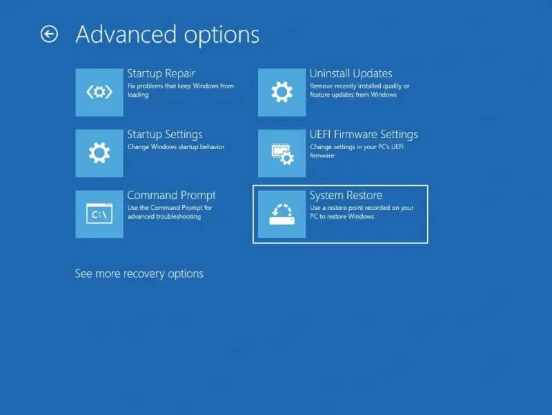 A screenshot showing the System Restore option in the Windows Recovery Environment.